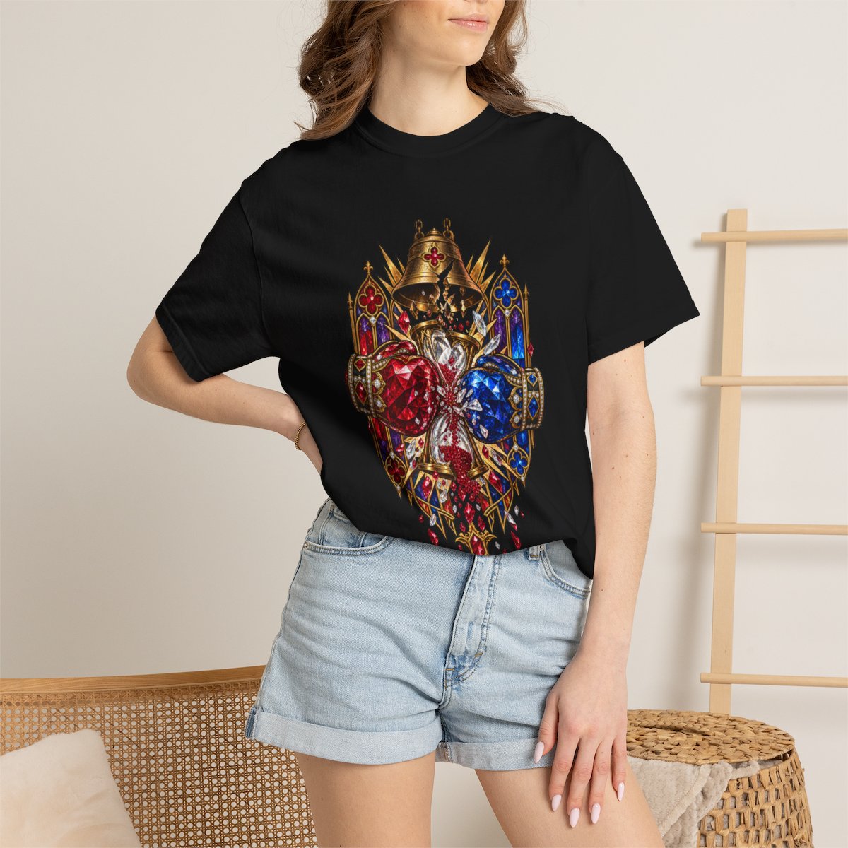 Final Bell Tee worn Printify context view on a Black Comfort Colors 1717 tee