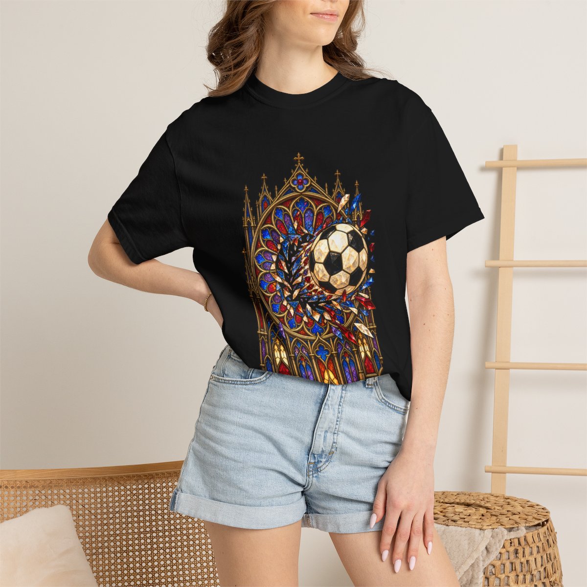 Goalstorm Tee worn Printify context view on a Black Comfort Colors 1717 tee