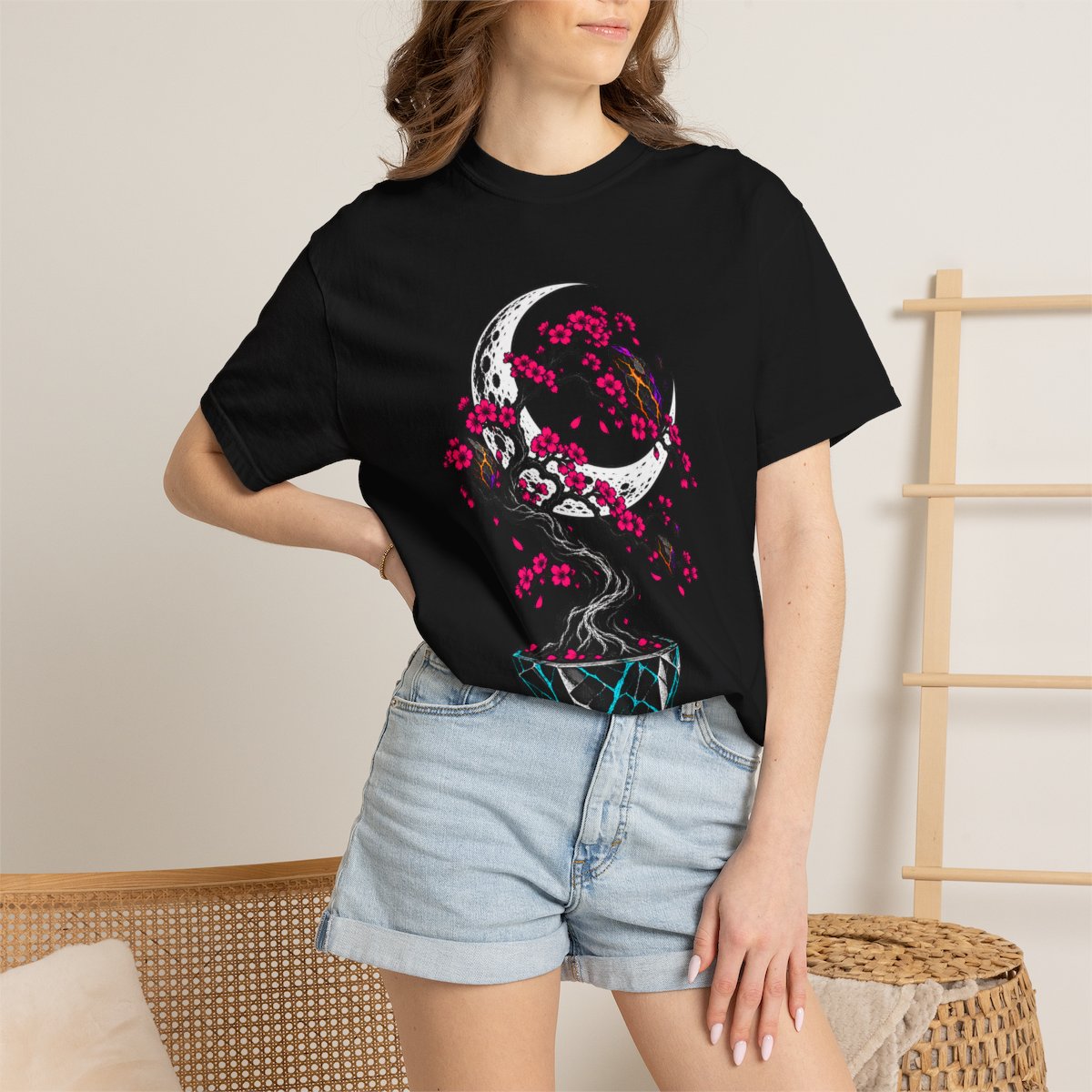 Midnight Learns to Bloom Tee worn Printify context view on a Black Comfort Colors 1717 tee
