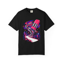 Erase the Evidence Tee large front print on a Black Comfort Colors 1717 tee