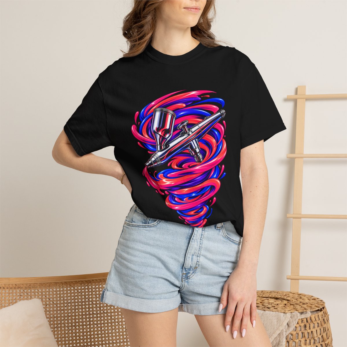 Make a Beautiful Mess Tee worn Printify context view on a Black Comfort Colors 1717 tee