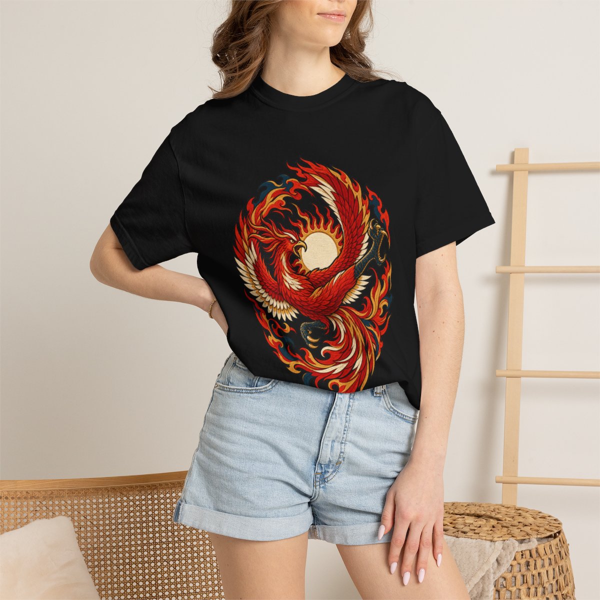 Sunwheel Tee worn Printify context view on a Black Comfort Colors 1717 tee