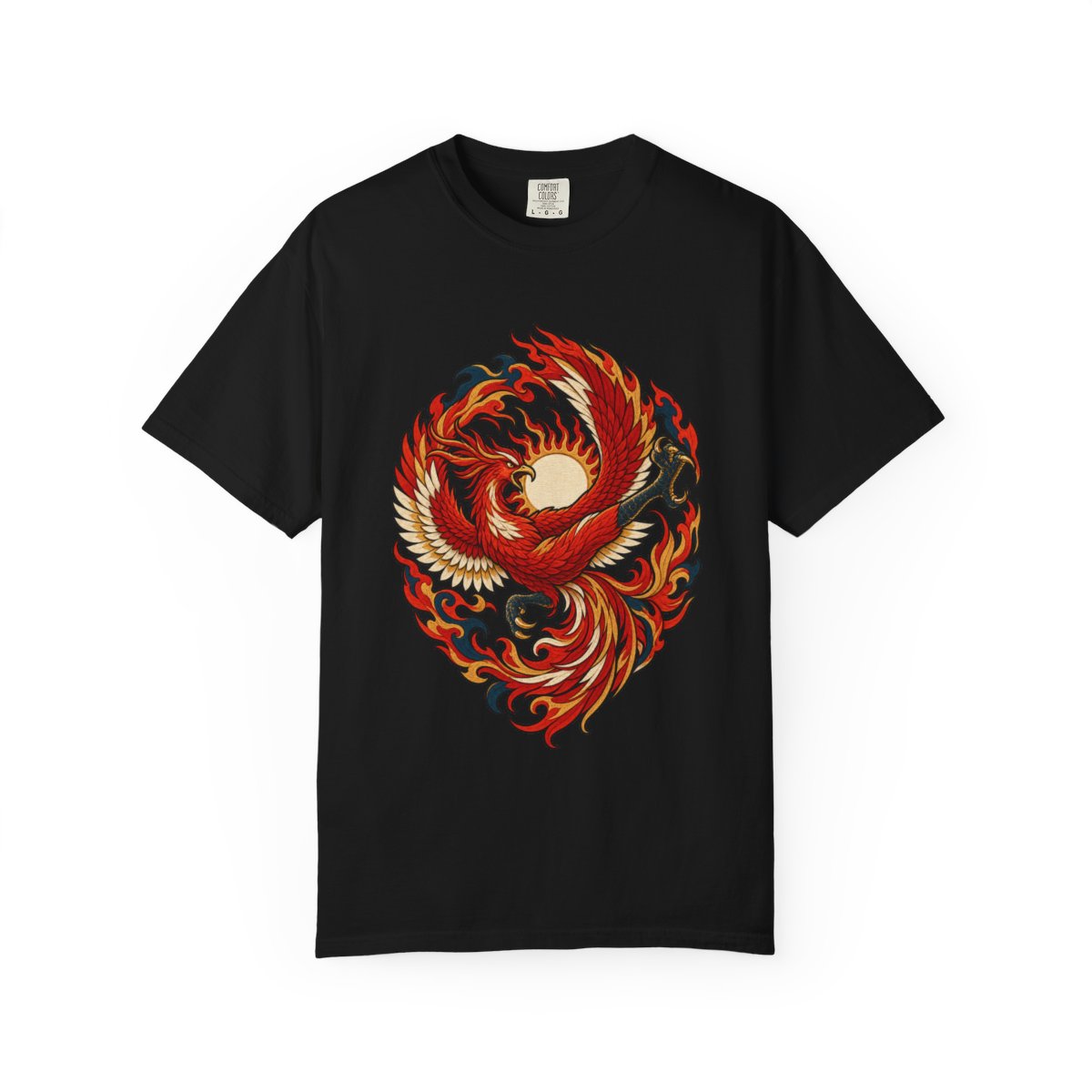 Sunwheel Tee large front print on a Black Comfort Colors 1717 tee