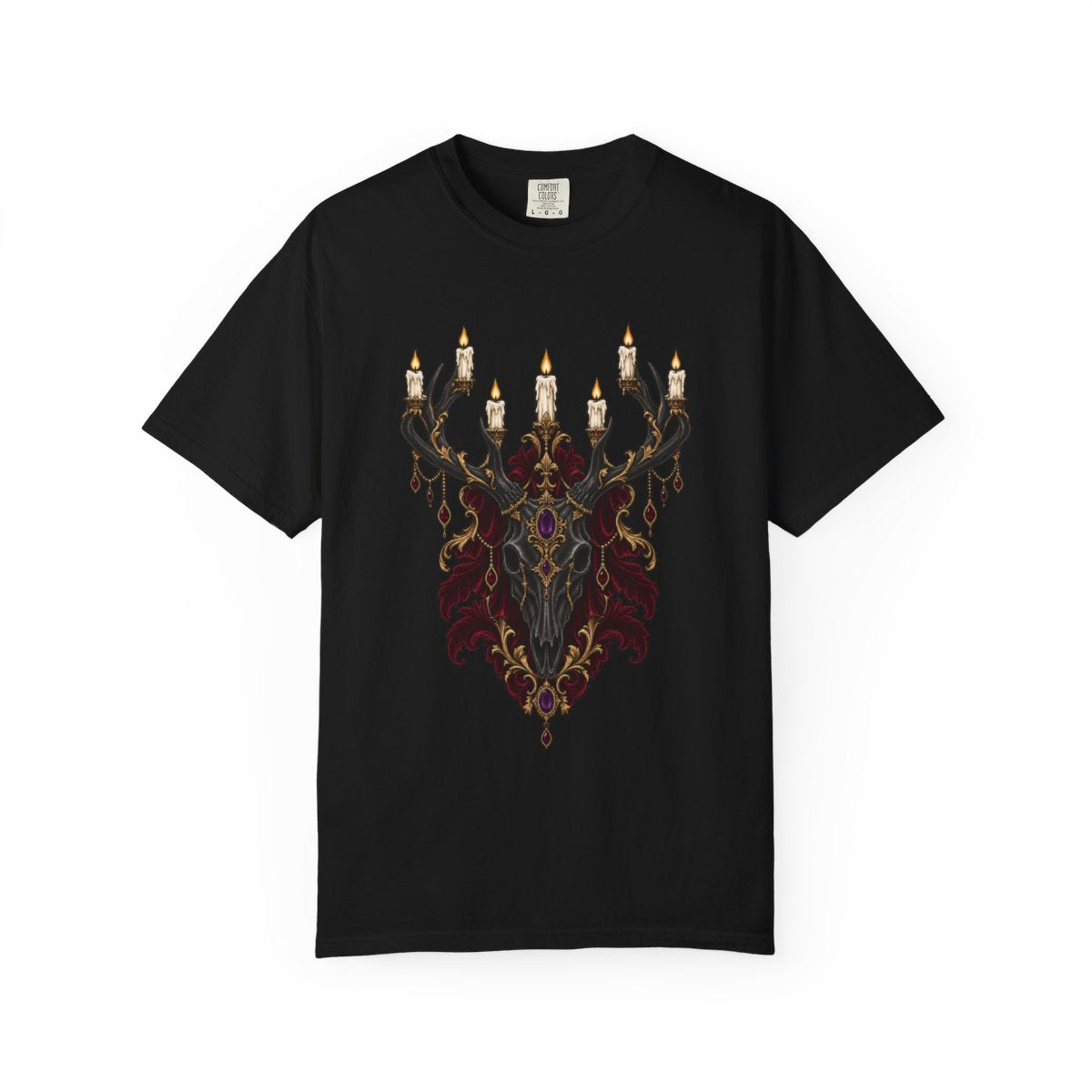 Candle Stag Tee large front print on a Black Comfort Colors 1717 tee