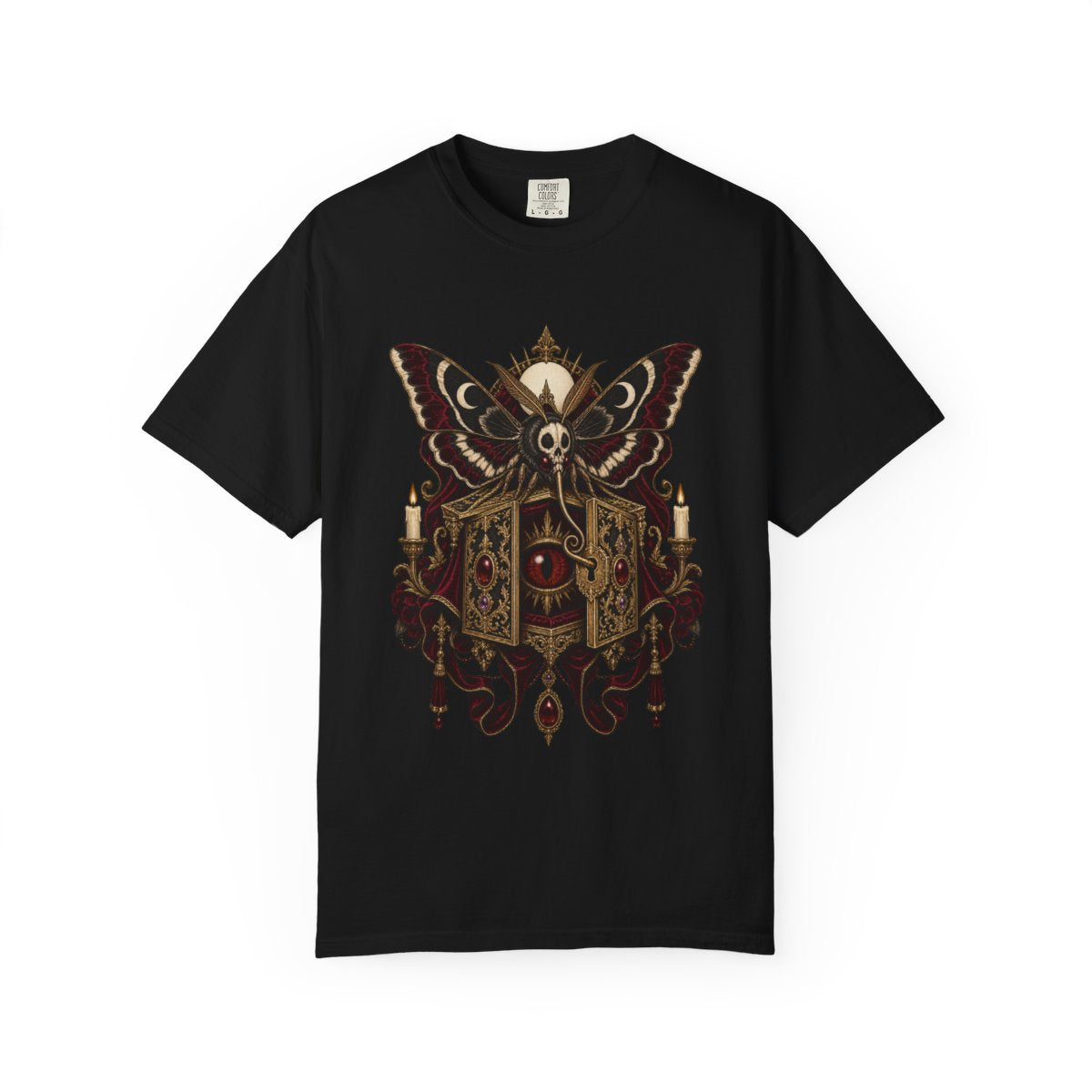 Mothvault Tee large front print on a Black Comfort Colors 1717 tee
