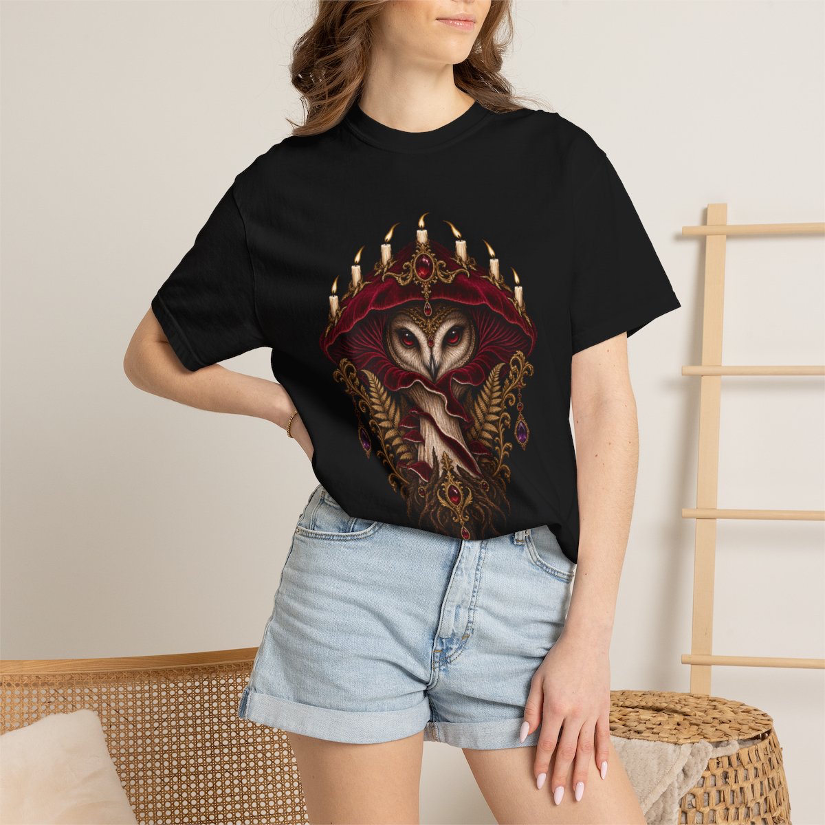 Oracle Cap Tee worn Printify context view on a Black Comfort Colors 1717 tee