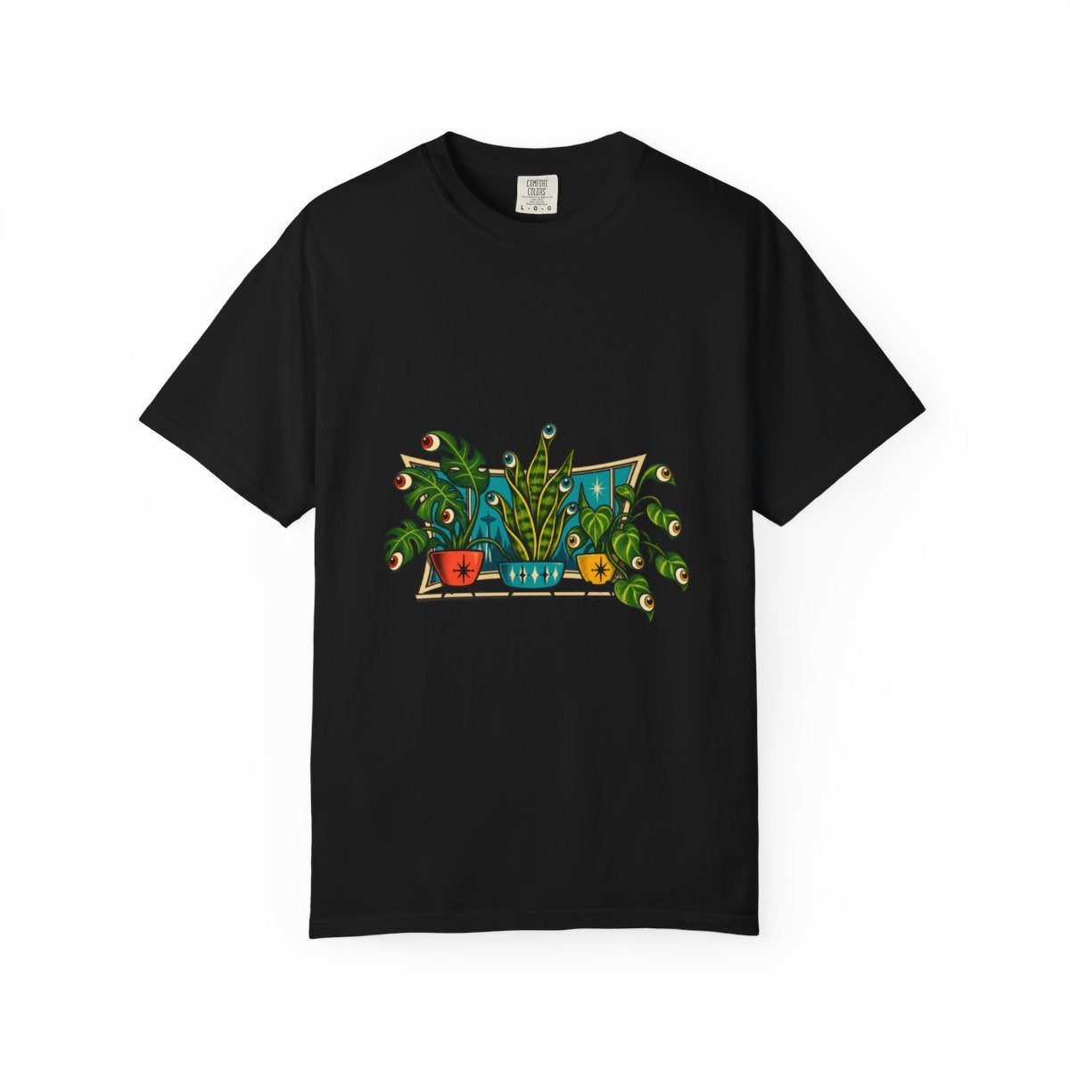 Plants Are Watching Tee large front print on a Black Comfort Colors 1717 tee