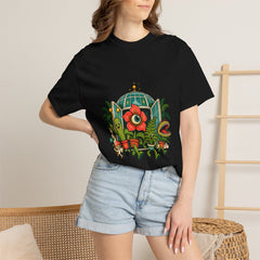 Welcome to the Conservatory Tee worn Printify context view on a Black Comfort Colors 1717 tee