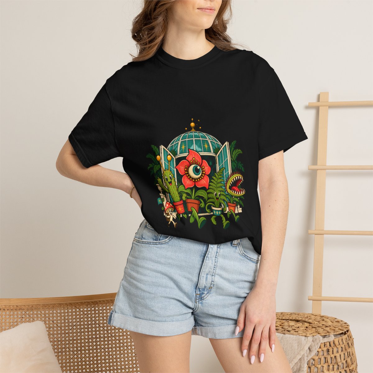 Welcome to the Conservatory Tee worn Printify context view on a Black Comfort Colors 1717 tee
