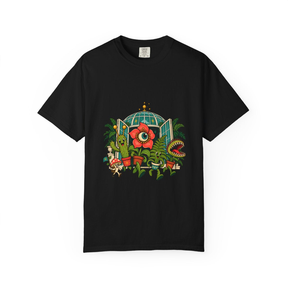 Welcome to the Conservatory Tee large front print on a Black Comfort Colors 1717 tee