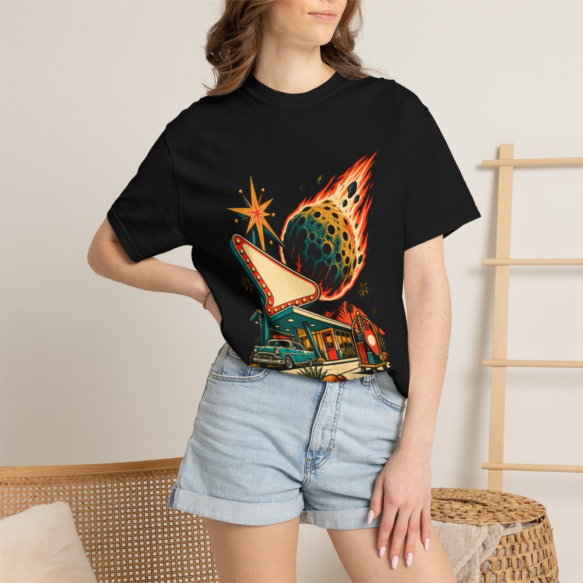 Check In Before Impact Tee worn Printify context view on a Black Comfort Colors 1717 tee