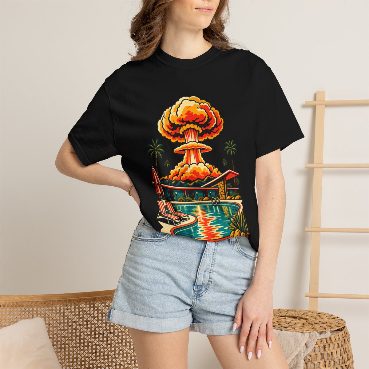 Poolside at Ground Zero Tee worn Printify context view on a Black Comfort Colors 1717 tee