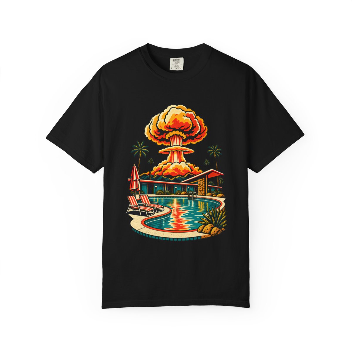 Poolside at Ground Zero Tee large front print on a Black Comfort Colors 1717 tee