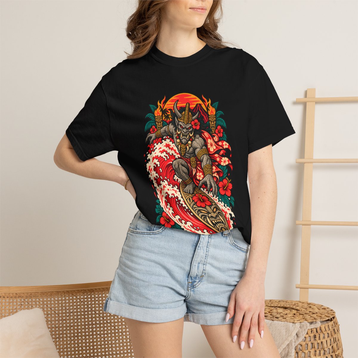 Red Tide Royalty Tee worn Printify context view on a Black Comfort Colors 1717 tee