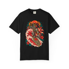Red Tide Royalty Tee large front print on a Black Comfort Colors 1717 tee