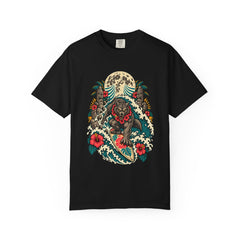 The Moon Pulls Harder Tee large front print on a Black Comfort Colors 1717 tee