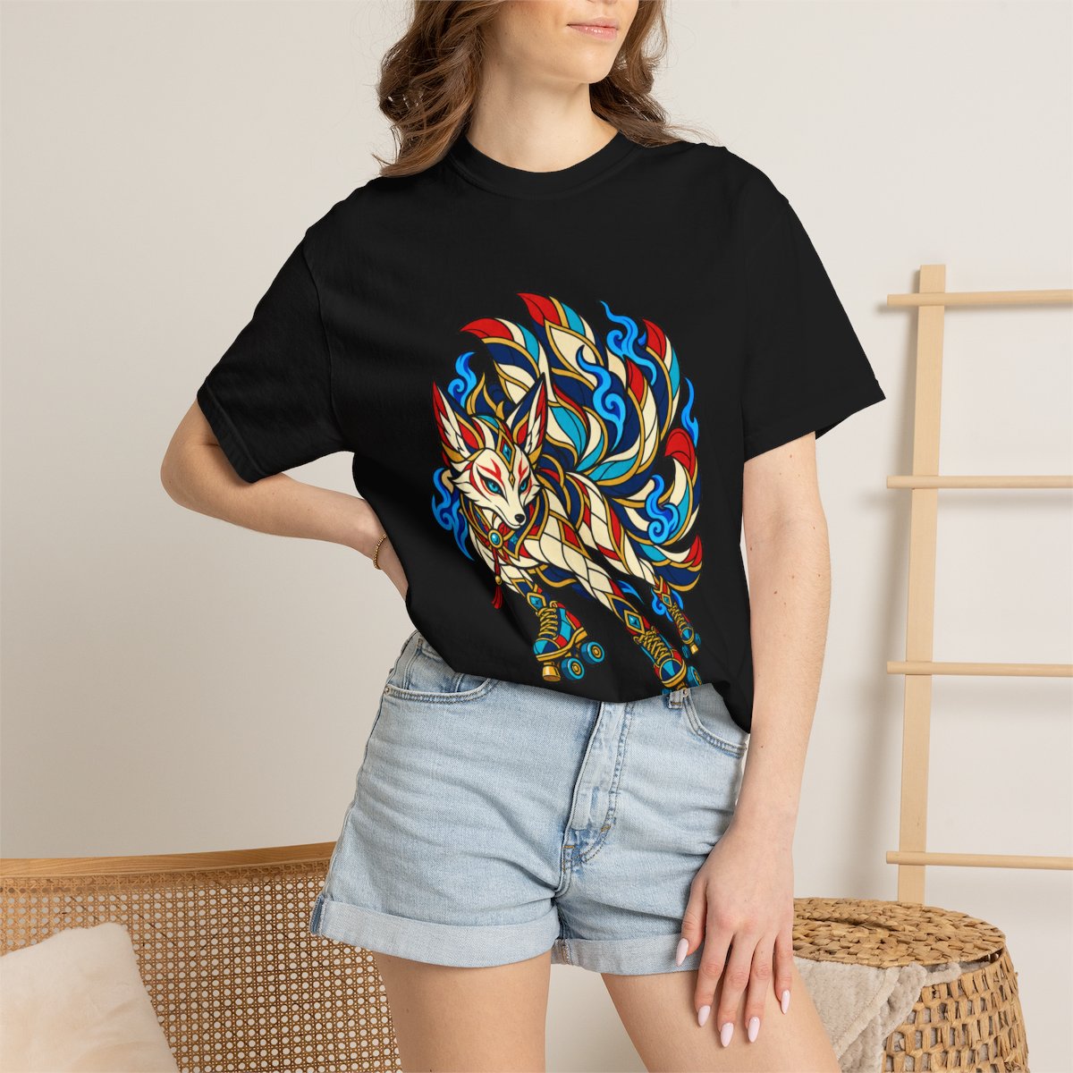Foxfire on Eight Wheels Tee worn Printify context view on a Black Comfort Colors 1717 tee