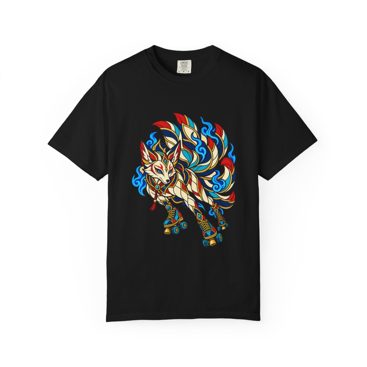 Foxfire on Eight Wheels Tee large front print on a Black Comfort Colors 1717 tee