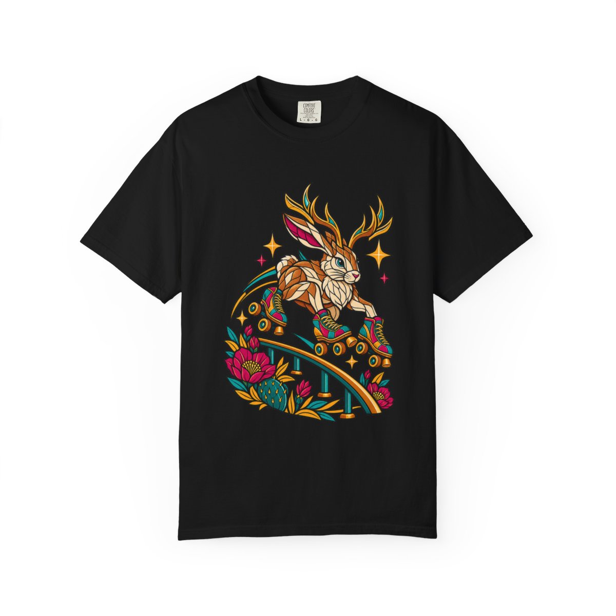 Jackalope Jam Tee large front print on a Black Comfort Colors 1717 tee
