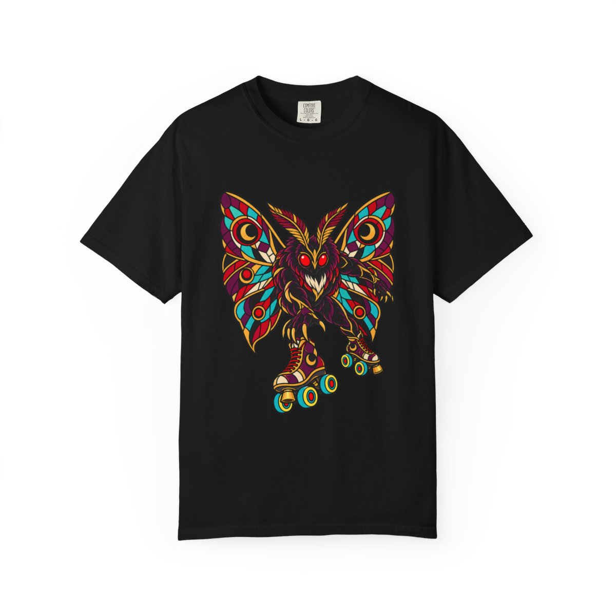 Mothman After Midnight Tee large front print on a Black Comfort Colors 1717 tee