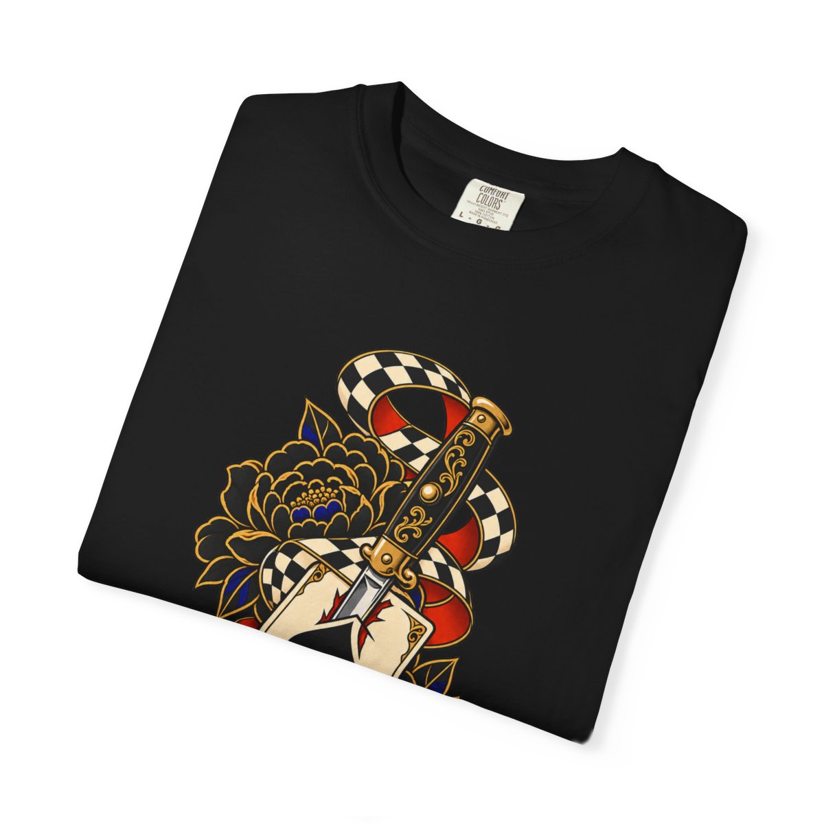 Fortune Favors the Reckless Tee folded front print detail