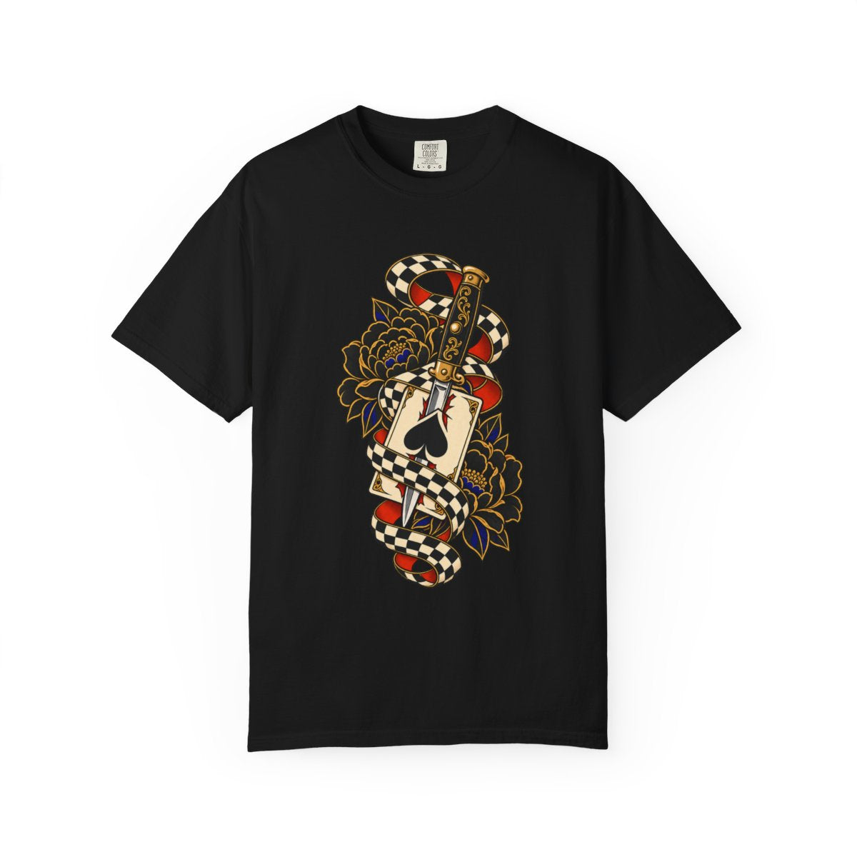 Fortune Favors the Reckless Tee large front print on a Black Comfort Colors 1717 tee