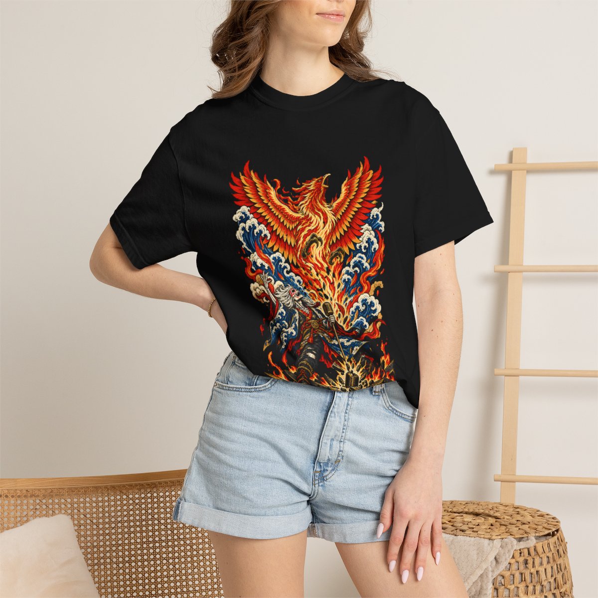 Phoenix Encore Tee worn Printify context view on a Black Comfort Colors 1717 tee