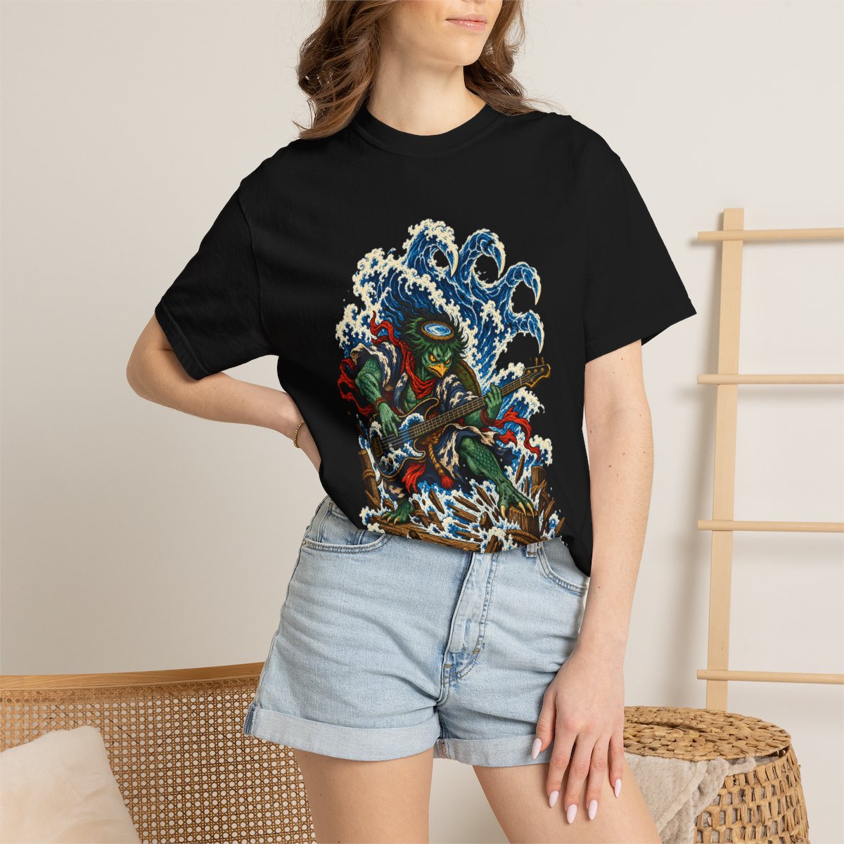 Undertow Bass Tee worn Printify context view on a Black Comfort Colors 1717 tee