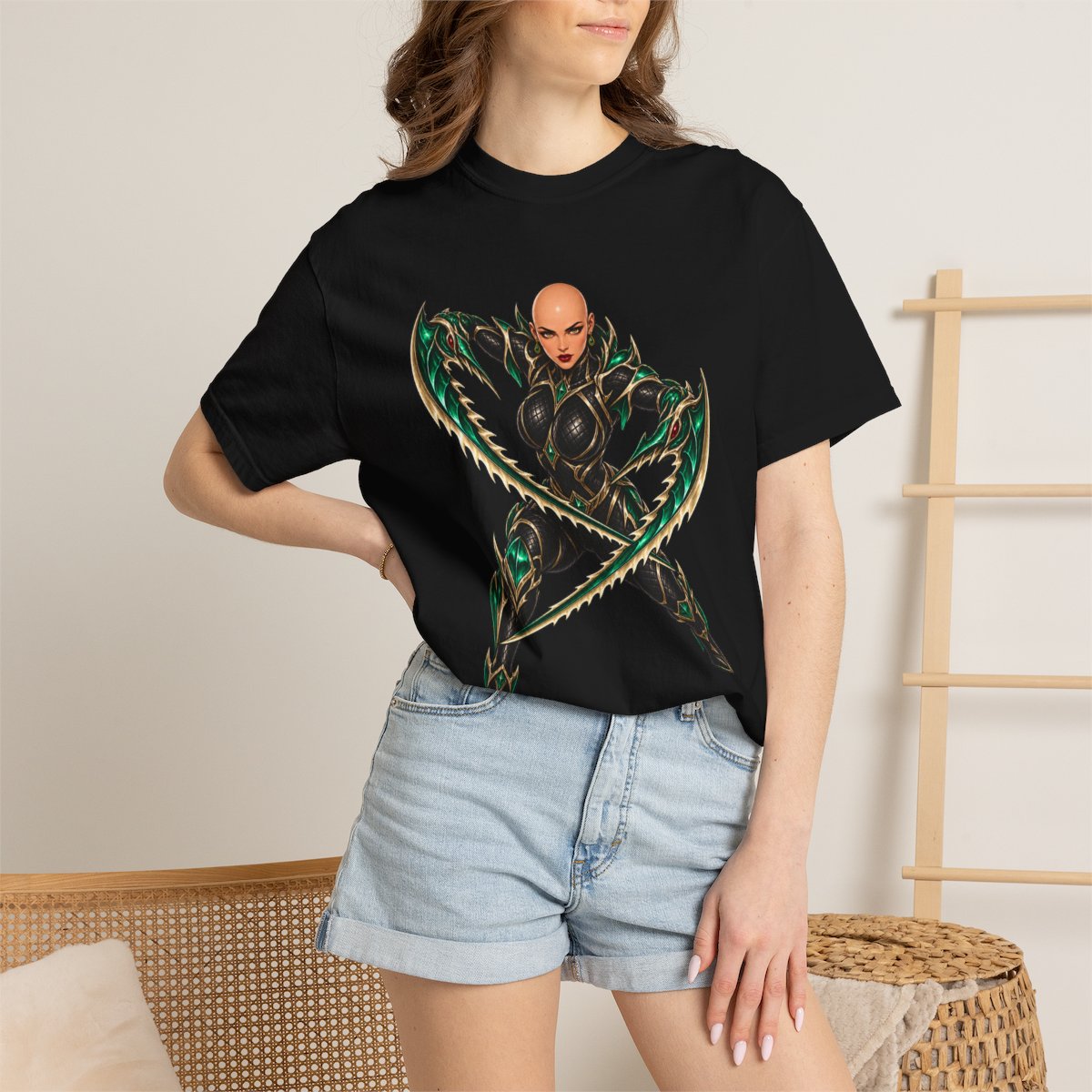 Mantis Blade Tee worn Printify context view on a Black Comfort Colors 1717 tee
