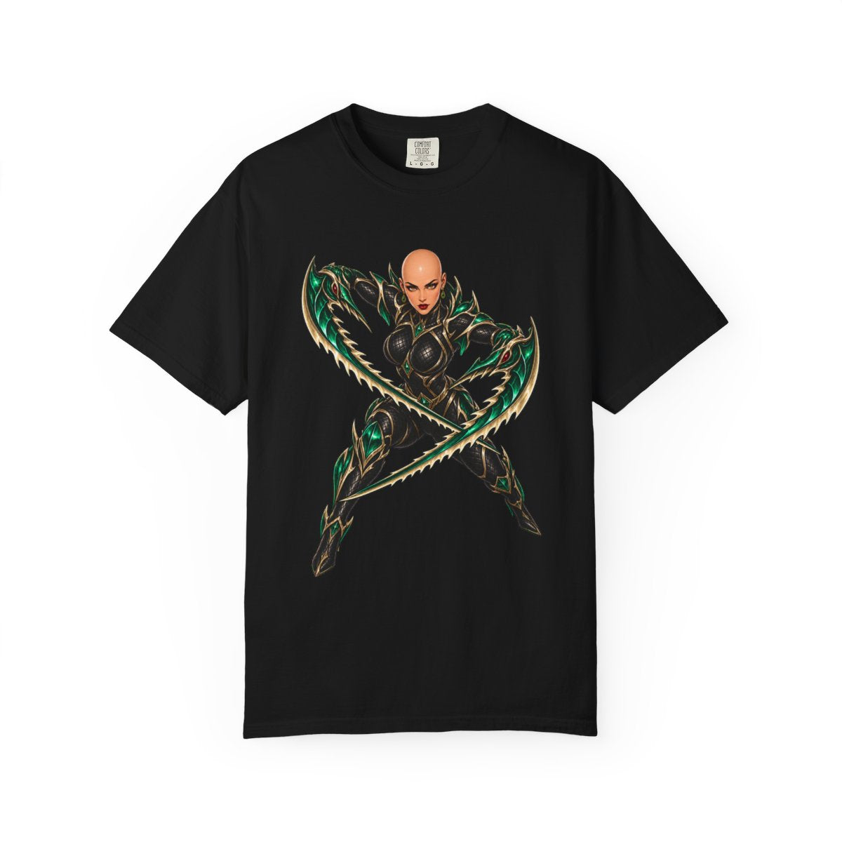 Mantis Blade Tee large front print on a Black Comfort Colors 1717 tee