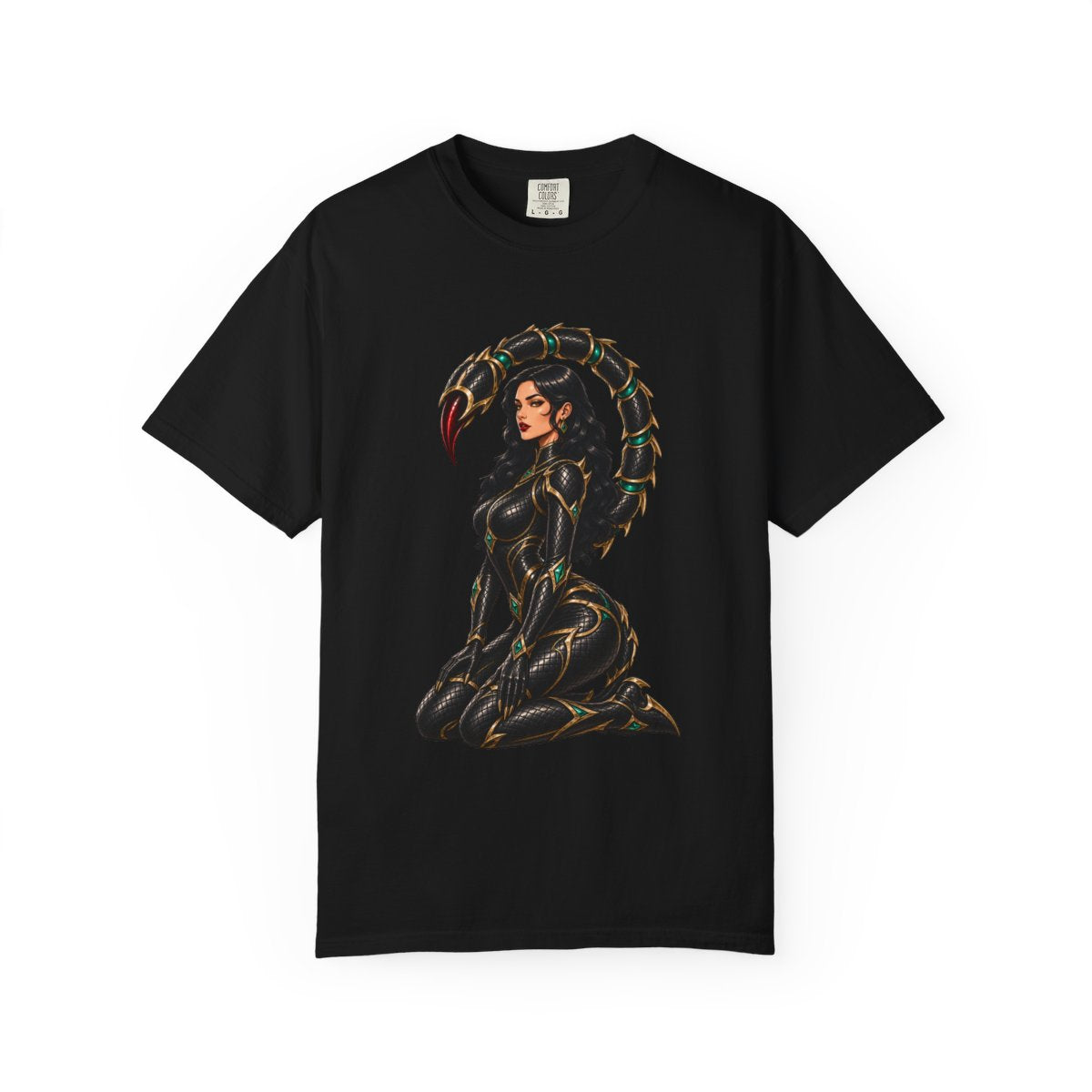 Scorpion Halo Tee large front print on a Black Comfort Colors 1717 tee
