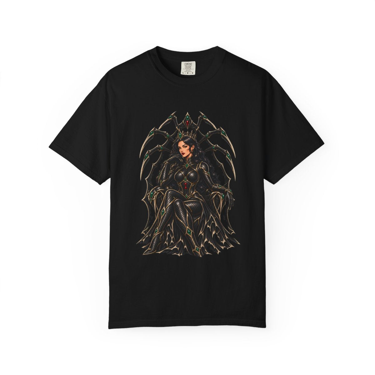Widow Crown Tee large front print on a Black Comfort Colors 1717 tee