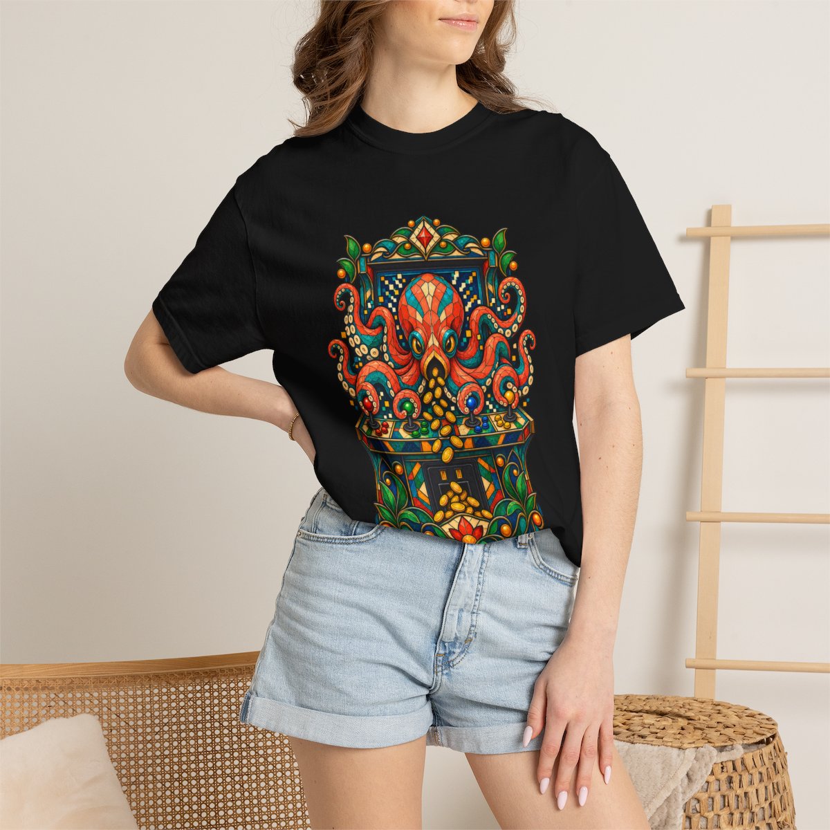 Coin Eater Tee worn Printify context view on a Black Comfort Colors 1717 tee