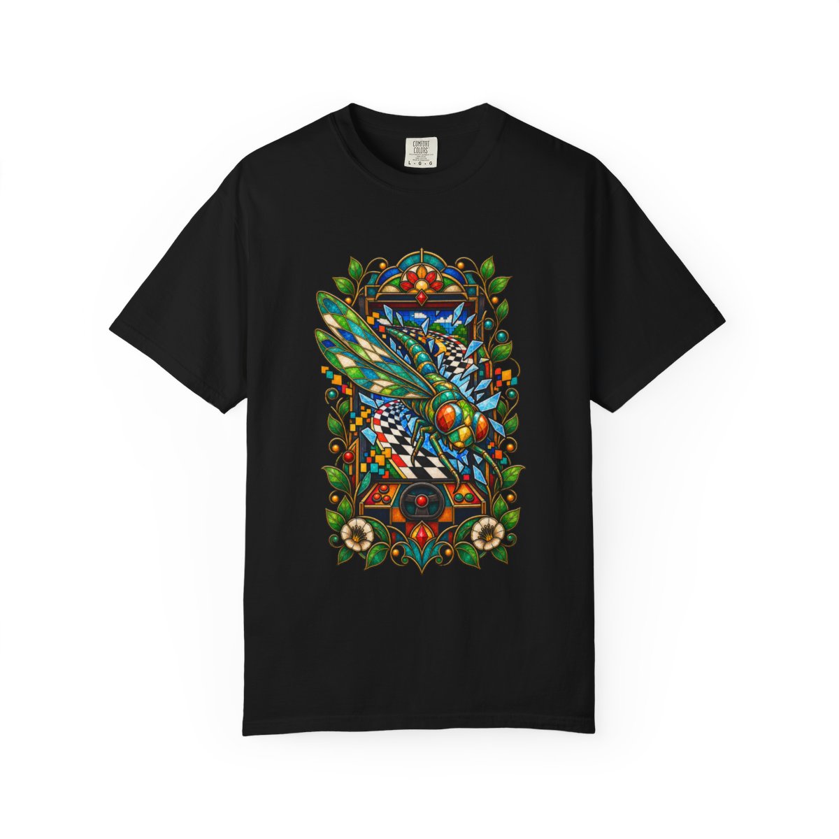 Dragonfly Speedrun Tee large front print on a Black Comfort Colors 1717 tee