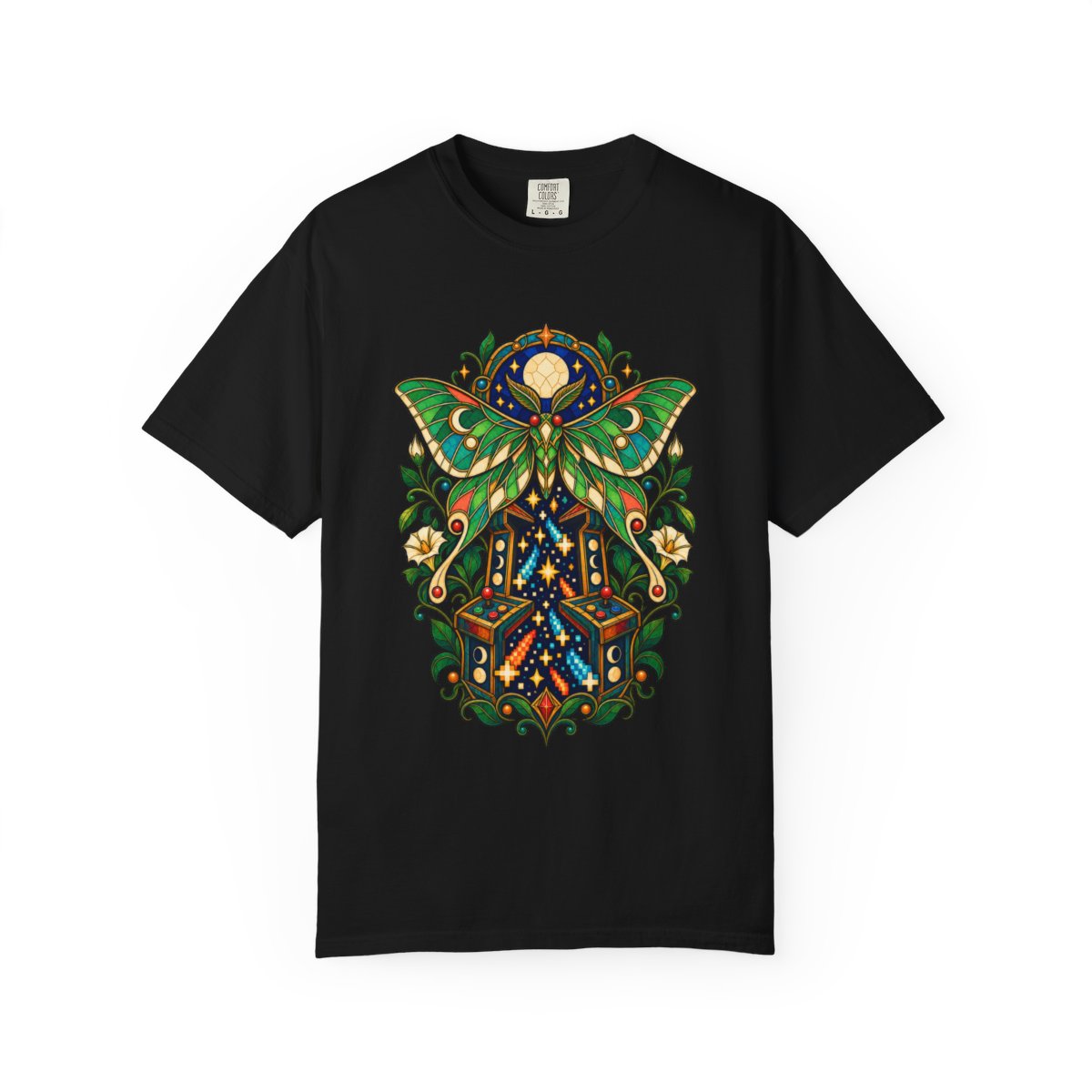 Moth After Midnight Tee large front print on a Black Comfort Colors 1717 tee