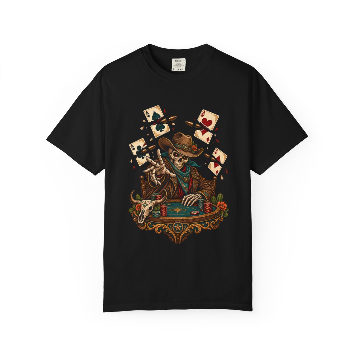 Dead Man's Draw Tee large front print on a Black Comfort Colors 1717 tee