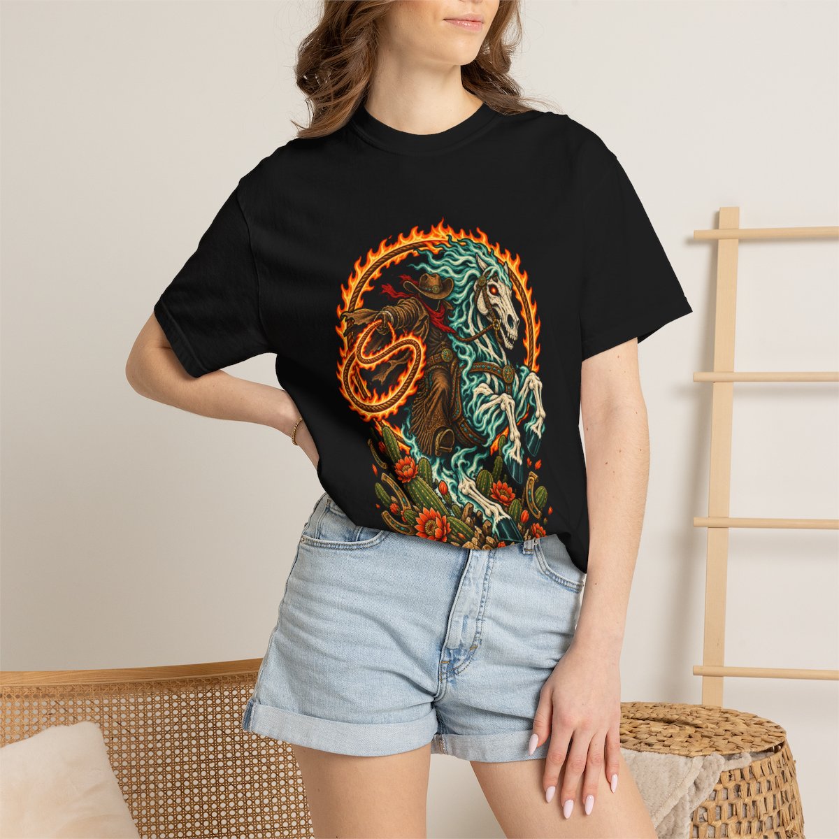 Ride Into Fire Tee worn Printify context view on a Black Comfort Colors 1717 tee