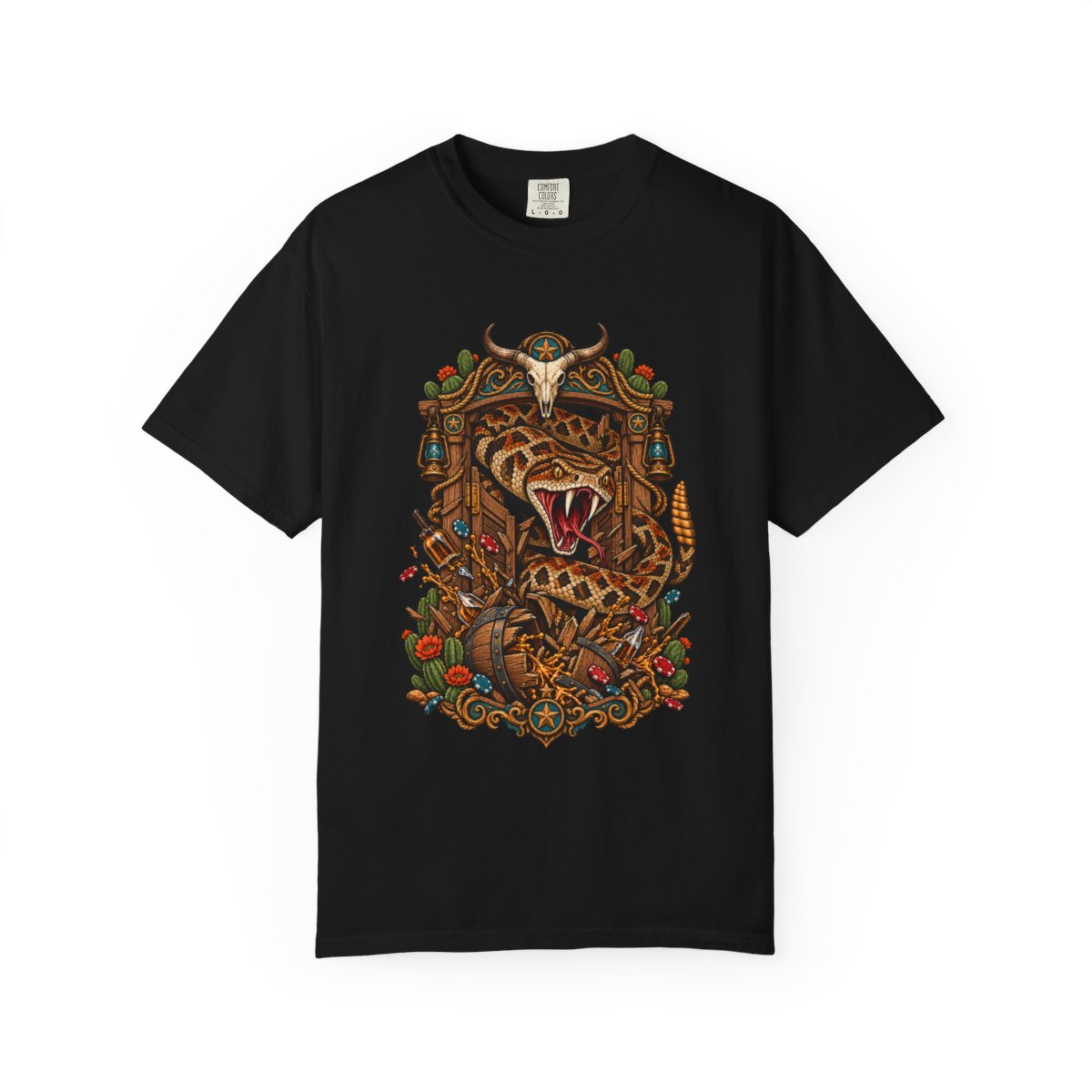 Snakebite Saloon Tee large front print on a Black Comfort Colors 1717 tee