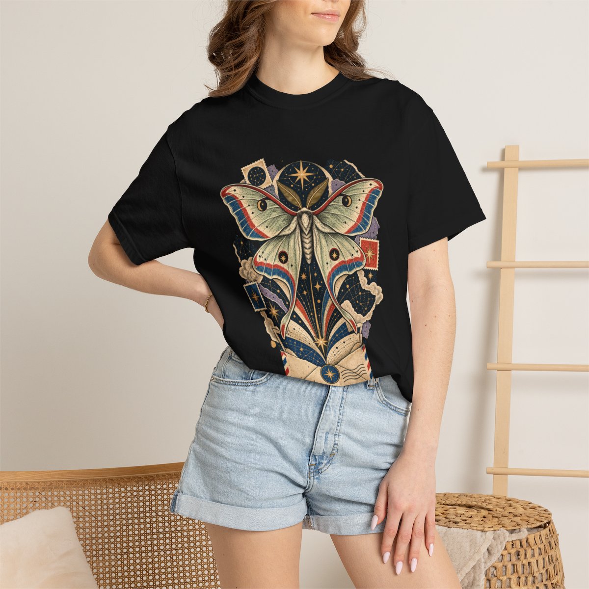 Air Mail Moth Tee worn Printify context view on a Black Comfort Colors 1717 tee