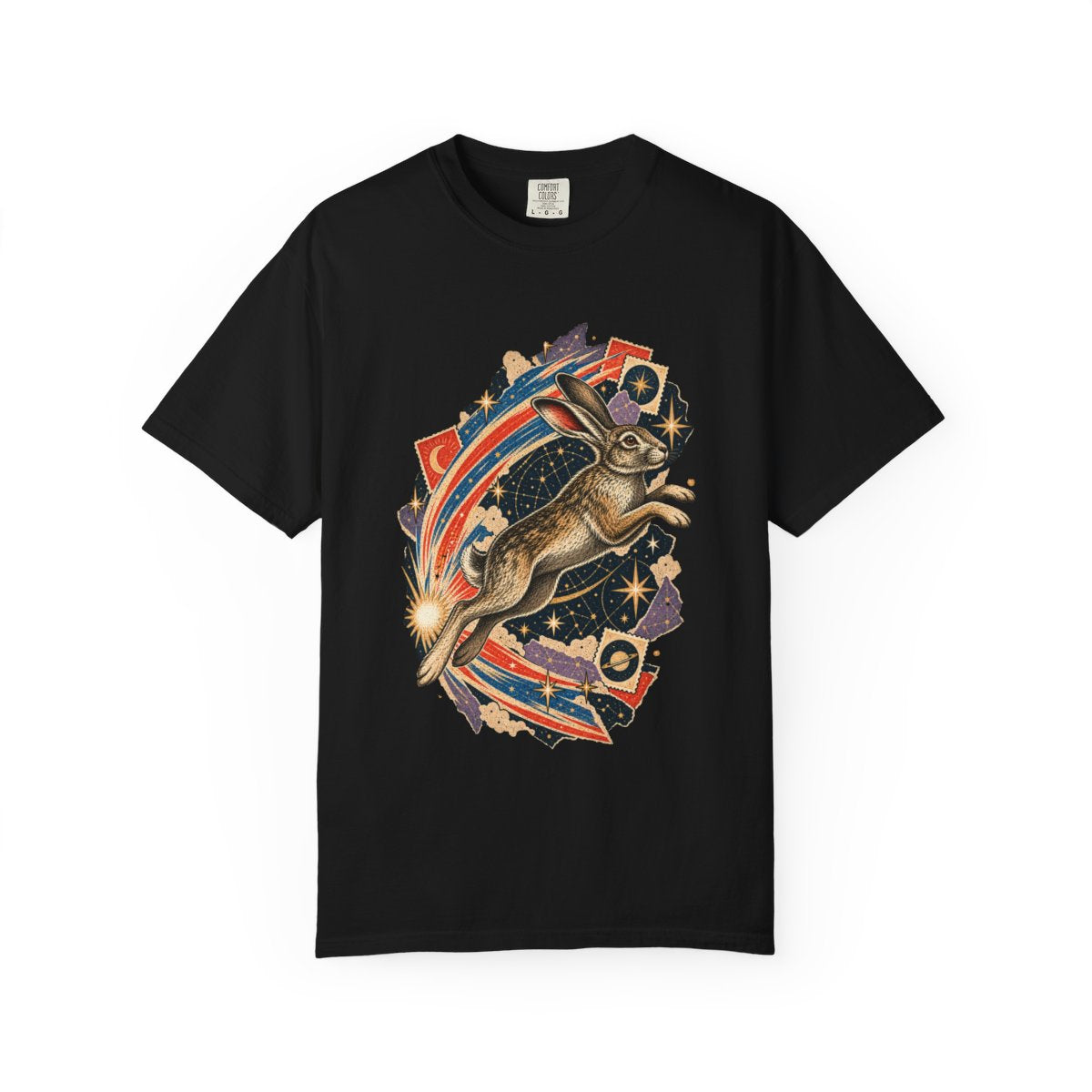 Comet Hare Tee large front print on a Black Comfort Colors 1717 tee