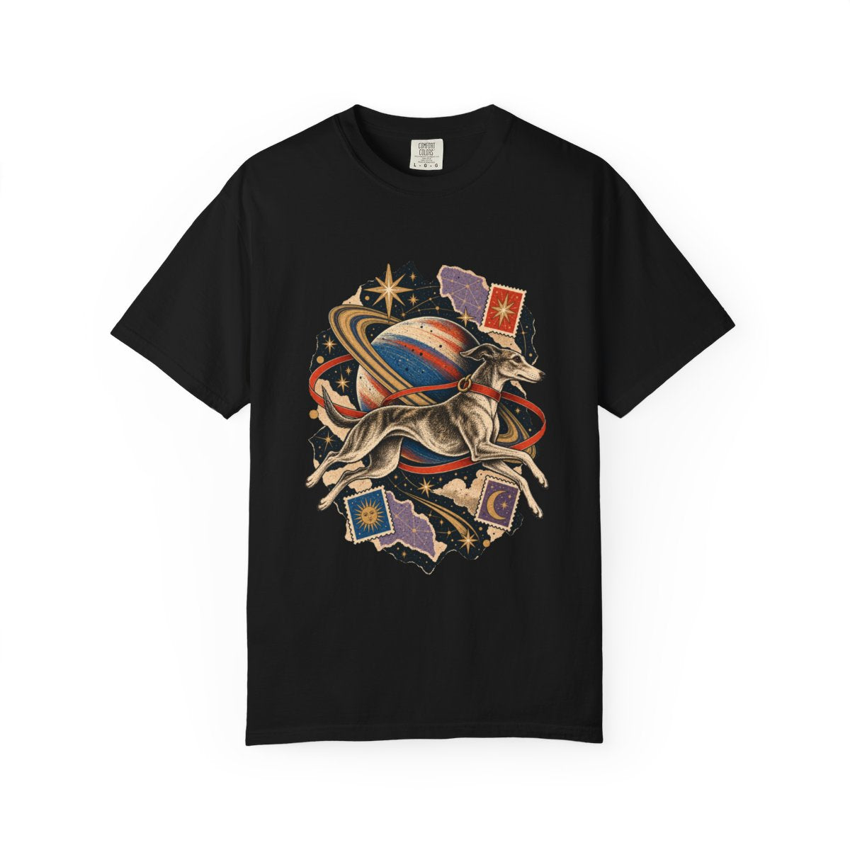 Orbit Hound Tee large front print on a Black Comfort Colors 1717 tee