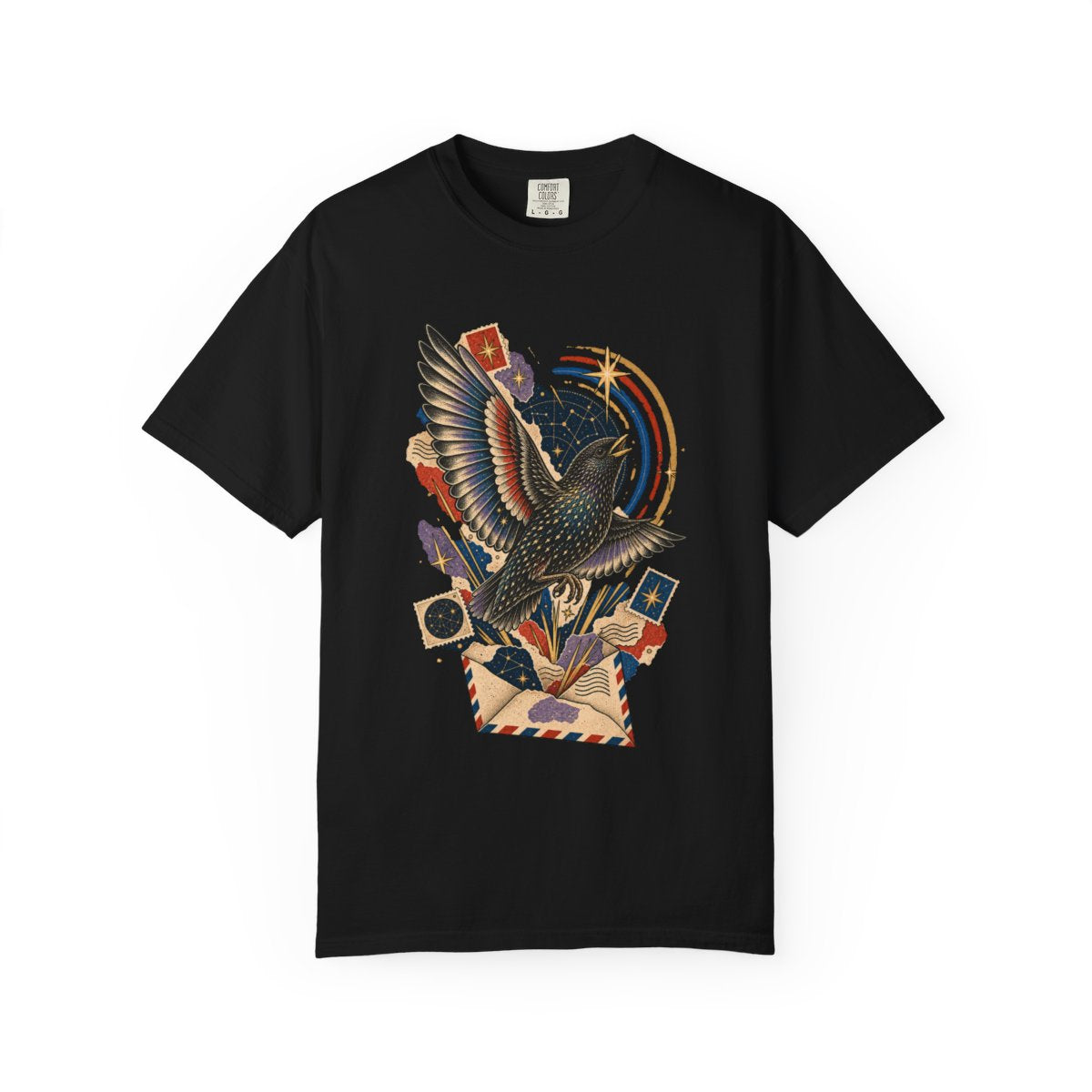 Starling Signal Tee large front print on a Black Comfort Colors 1717 tee