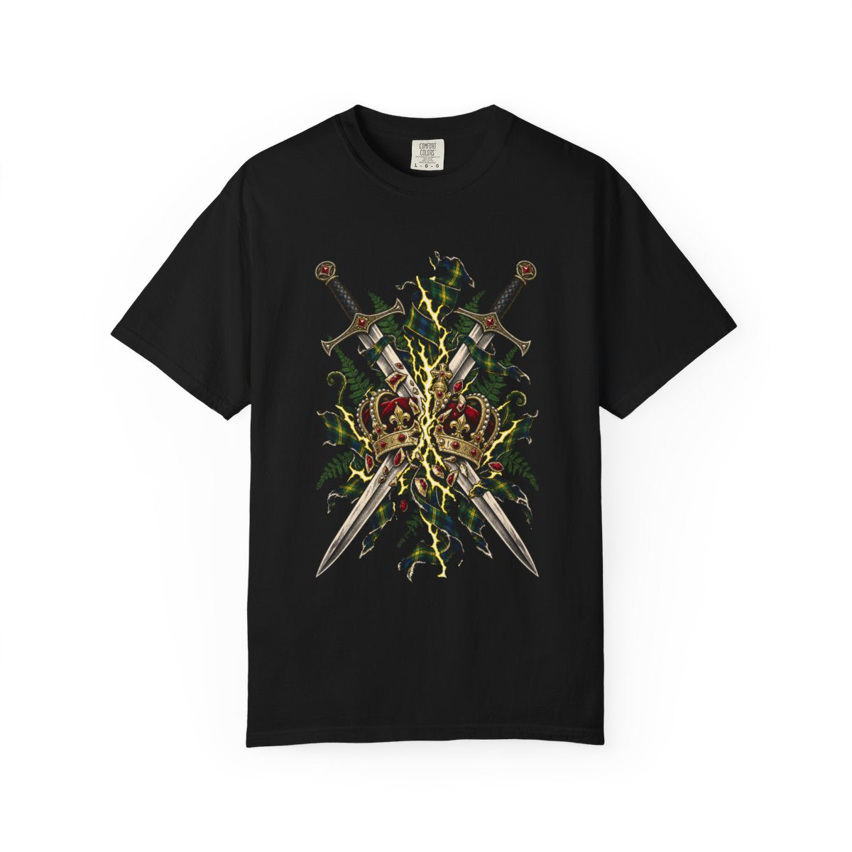 Claymore Crown Tee large front print on a Black Comfort Colors 1717 tee