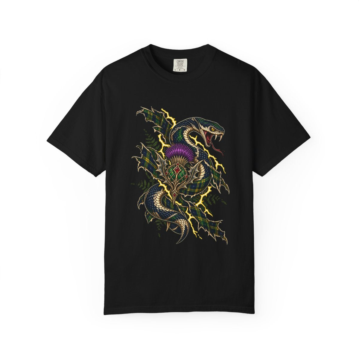 Thistle Bite Tee large front print on a Black Comfort Colors 1717 tee