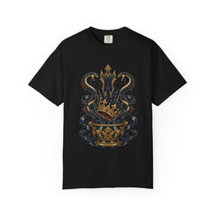 Crownfall Throne Tee large front print on a Black Comfort Colors 1717 tee