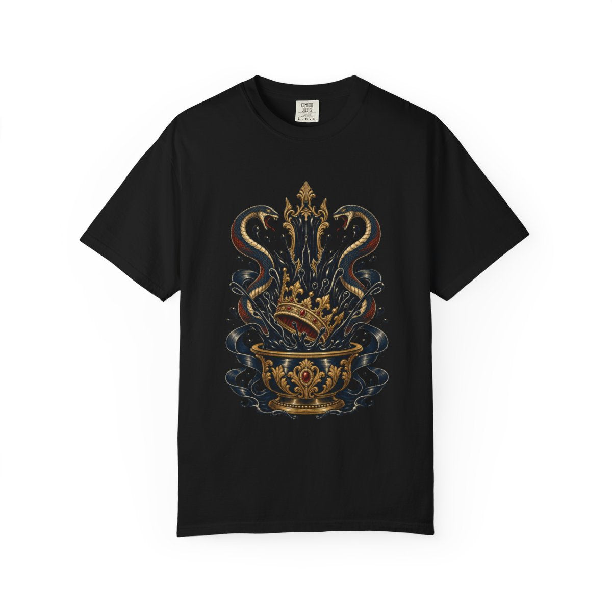 Crownfall Throne Tee large front print on a Black Comfort Colors 1717 tee