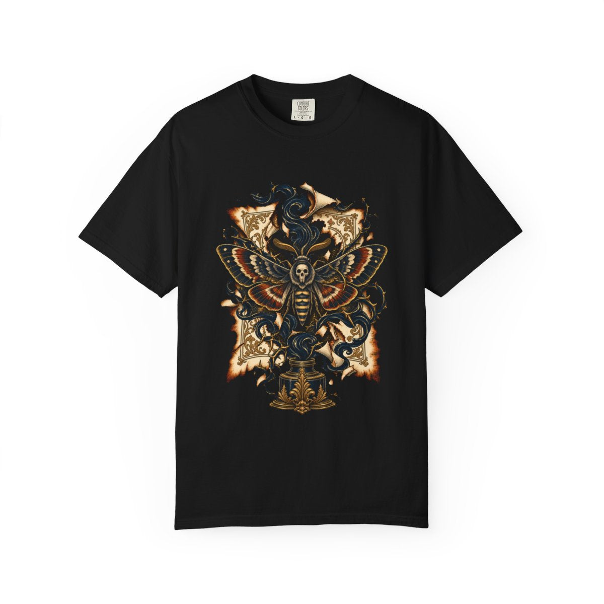 Inkwing Moth Tee large front print on a Black Comfort Colors 1717 tee