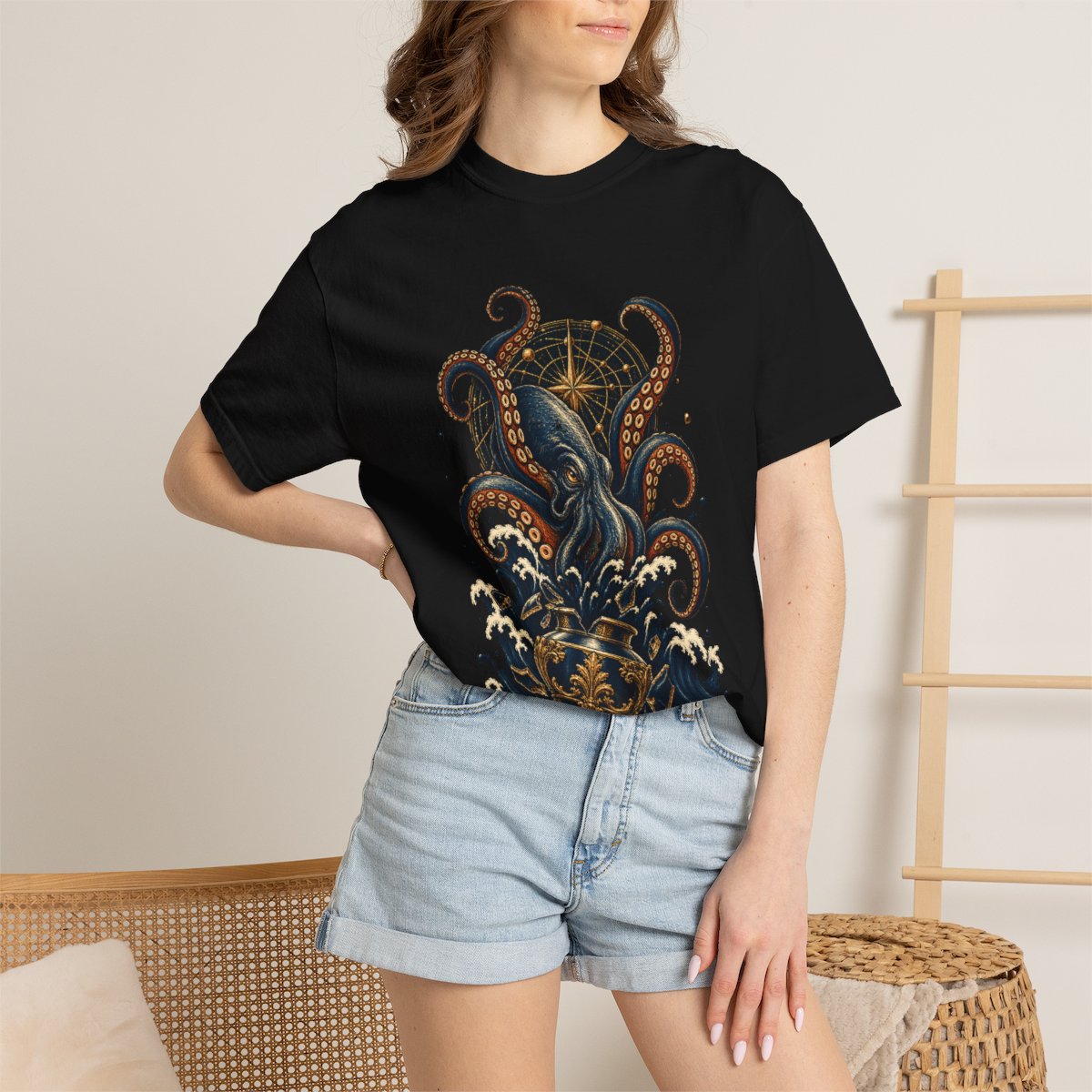 Kraken Script Tee worn Printify context view on a Black Comfort Colors 1717 tee