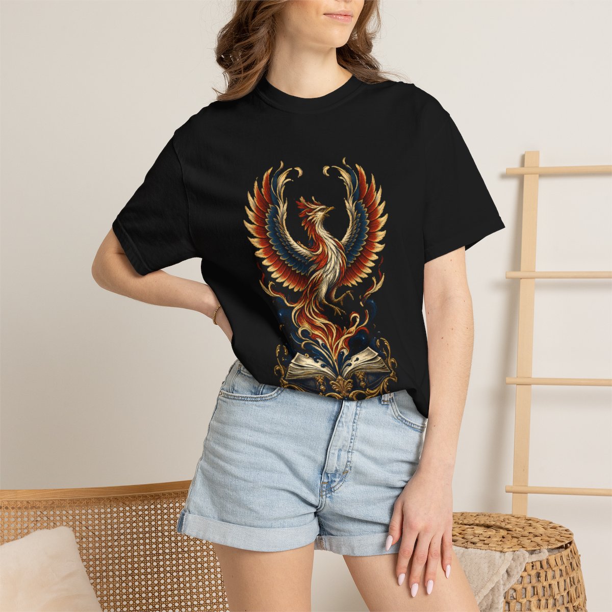 Phoenix Draft Tee worn Printify context view on a Black Comfort Colors 1717 tee