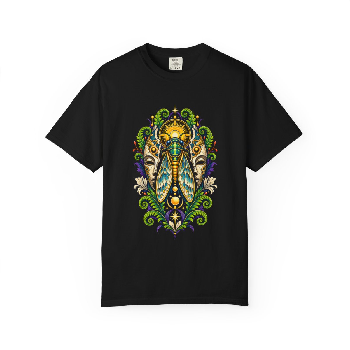 Cicada Oracle Tee large front print on a Black Comfort Colors 1717 tee